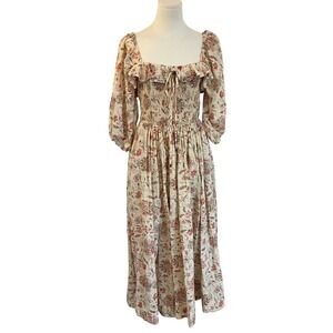 Free People Ethereal Oasis Midi Dress Ivory Floral Cottagecore Smocked Tiered M